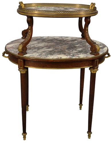 French Style Mahogany Pastry Table having removable top marble tray, with bronze gallery, gilt mounts, and handles, in the manor of Francois Linke, he