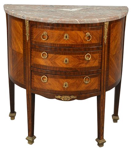 Louis XVI Style Demilune Commode, having marble top and bronze mounts, height 33 inches, width 32 inches, depth 17 inches.