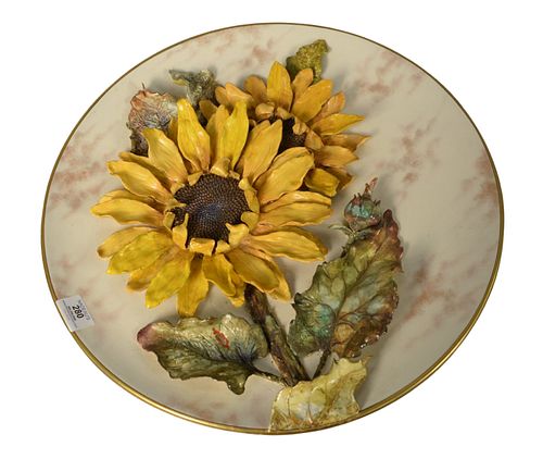 Pinder Bourne and Company Hand Painted Sunflower Charger, strung to hang on a wall, marked to the underside, diameter 19 1/2 inches.