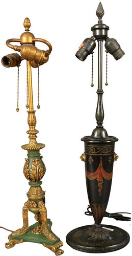 Two Table Lamps, to include a black tole painted two light lamp with lion form mounted handles; along with a green and gilt bronze three light lamp, h