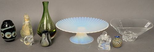 Nine Piece Group of Art Glass, to include Steuben footed bowl; Blenko green glass vase; glass poodle and hippo; a glass crown; along with three small 