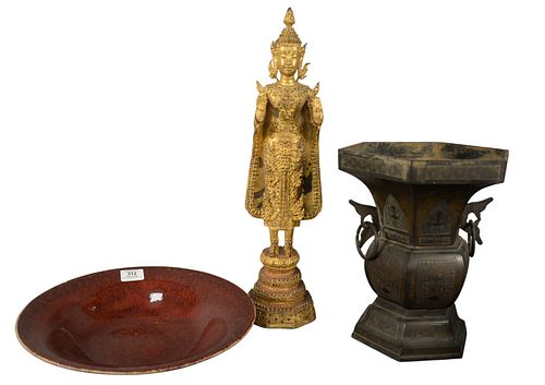 Three Asian Pieces, to include Chinese bronze vase, having several lines of writing on the bottom; standing Quanyin mounted with jewels; along with a 