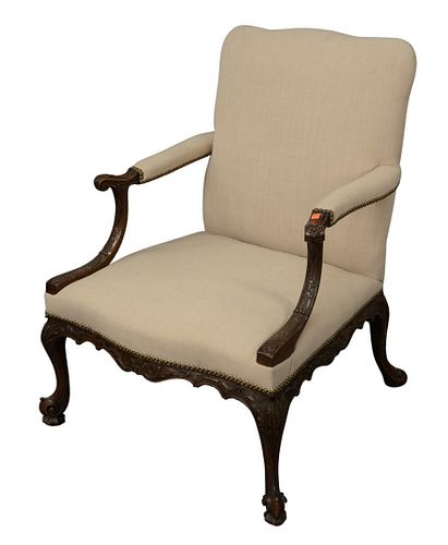 Georgian Style Mahogany Library Chair, having open arms, height 39 inches, width 28 inches.