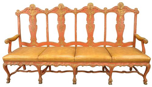 Four Seat Settee, red with gilt, having openwork back, leather upholstered seats on carved legs, probably Venetian, 18th century, height 43 inches, le