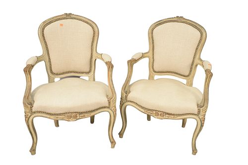 Pair of Louis XV Style Fauteuil, newly upholstered, height 35 inches.