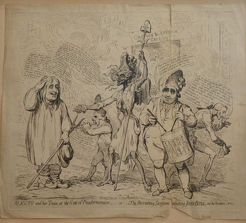 Group of Three Framed Political Satire Engravings, Two People of Worth, published by W. Humphrey, January 1, 1778; The Regency Twelfth Cake, Published