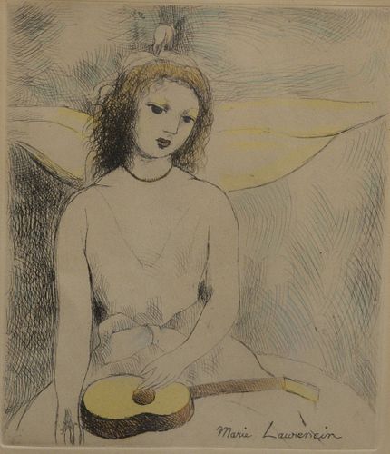 Three piece group of Marie Laurencin (French, 1883 - 1956), Girl and Guitar, engraving on paper with hand coloring, along with two framed reproduction