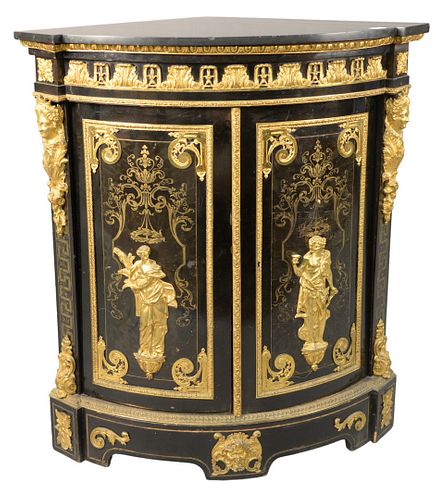 Louis XVI Style Gilt Bronze and Boulle Marquetry Mantel Corner Cabinet, having ebonized front and marble top, in the manner of Andre Charles Bouelle, 