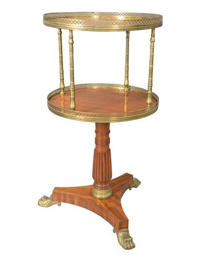 French Empire Two Tier Cocktail Stand, having revolving two tier with brass gallery on reeded shaft, on tripod base with brass feet, height 45 inches,