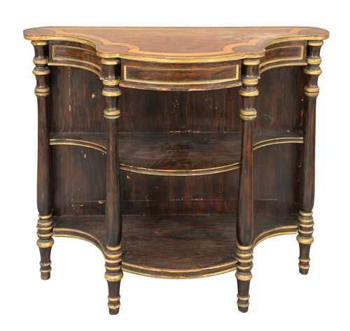 Inlaid Server With Three Shelves, having turret corners, height 35 inches, top 40" x 17".