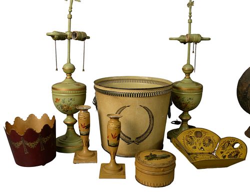 Eight Piece Lot of Painted Tole, to include two candlesticks; a covered oval box with matching bird motif, diameter 5 1/4 inches; a pair of green two 