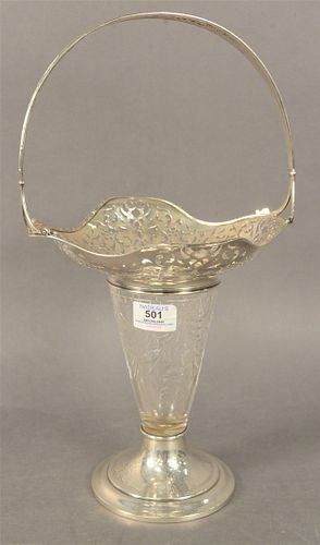 J.E. Caldwell Sterling Silver and Cut Glass Basket, marked to the underside, height 17 1/2 inches, width 9 3/4 inches.