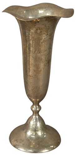 Shreve and Company Hammered Sterling Silver Trumpet Vase having weighted base, circa 1900 or later, marked to the underside, height 9 3/4 inches, 14.4