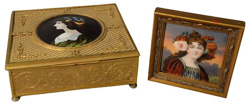 Two Piece Lot to include a French gilt bronze box having mounted and painted porcelain plaque of a woman; along with a framed, painted porcelain plaqu