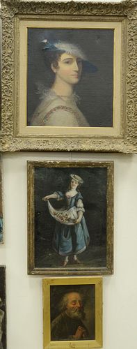 Three Piece Group of Portraits to include an oil on panel of a religious saint, unsigned; a noblewoman in a blue dress with flowers, oil on canvas, un