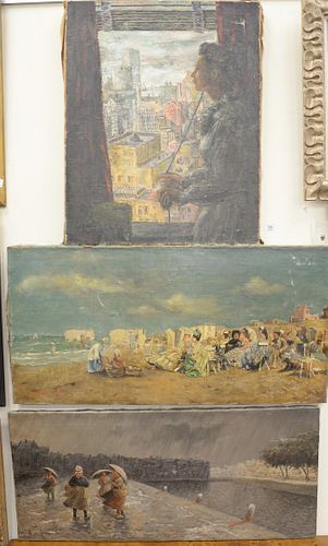 Three Piece Lot of Unframed Works on Canvas, to include a woman looking out her New York City window, unsigned; a busy beach scene, signed indistinctl