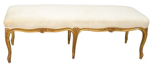 Louis XV Style Bench having carved frame and custom upholstered top, height 21 inches, top 19" x 60".