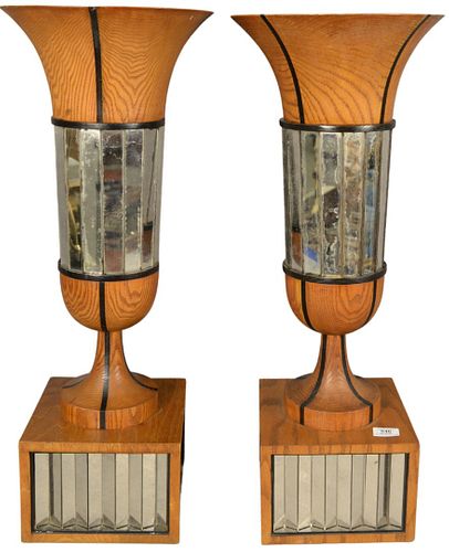 Pair of Contemporary Oak and Mirrored Urns, height 30 inches, diameter 12 inches.