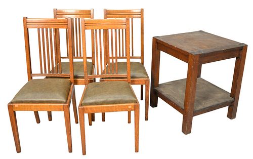 Five Piece Lot, to include a Mission oak occasional table with square top, along with four oak chairs, height 29 inches, top 24" x 24".