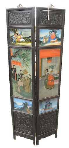 Chinese Two Panel Folding Screen, each panel having hardwood frame, two carved panels and three reverse paintings on glass, panels depicting figures a