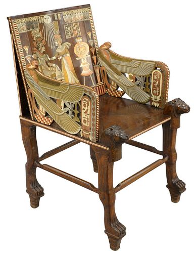 Egyptian Revival Inlaid Throne Chair, having metal and mother of pearl inlaid back and arms, back inlaid with flowers and birds, animal heads and paw 