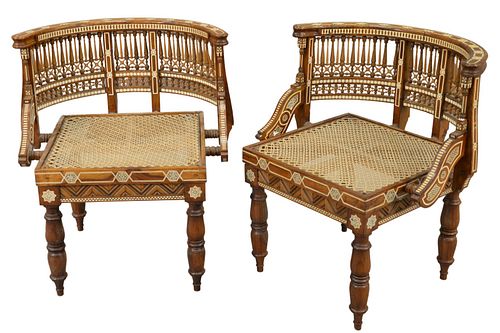 Pair of Moroccan Inlaid Chairs, having woven seats on turned legs with low backs, height 27 inches, width 24 inches, depth 18 inches.