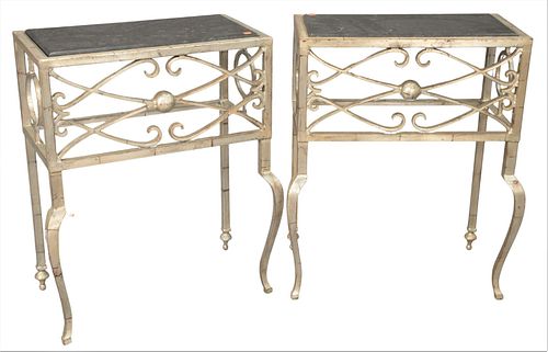 Pair of Steel Silvered Console Tables, having inset marble tops, height 45 inches, top 14 1/2" x 26 1/2".