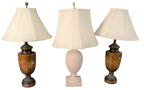 Group of Three Table Lamps, to include a pair of faux painted carved wood urn form lamps having metal bases; along with a marble table lamp, overall h