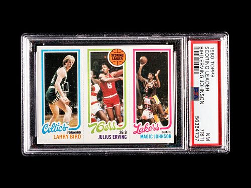A 1980 Topps Larry Bird / Julius Erving / Magic Johnson Rookie Basketball Card, PSA 7 NM.