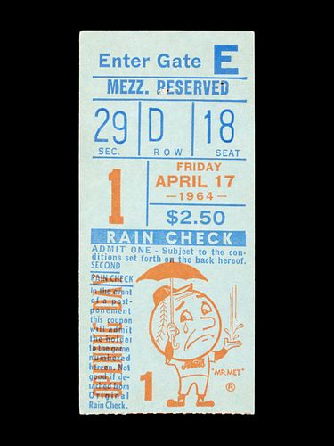 An April 17, 1964 New York Mets Ticket Stub from the First Game Played at Shea Stadium
