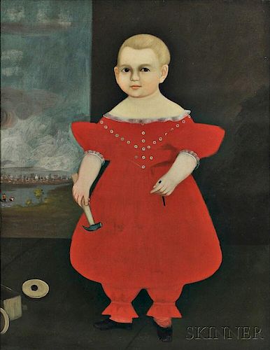 American School, Early 19th Century      Portrait of a Boy in Red Dress Holding a Hammer and Nail