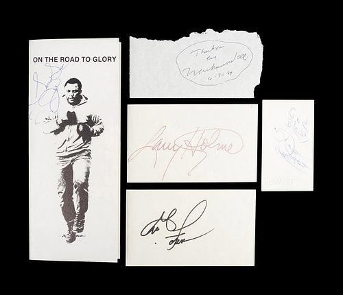 A Group of 1970s Heavyweight Boxing Champion Autographs featuring Muhammad Ali, Joe Frazier George Foreman, Larry Holmes and Ken Norton,