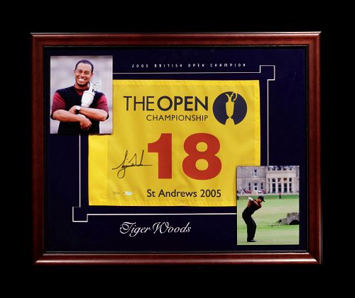 A Tiger Woods Signed 2005 British Open Flag Upper Deck Authenticated Limited Edition Display,