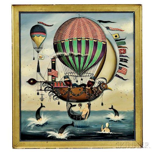Ralph Cahoon (Massachusetts, 1910-1982)      Seascape with Hot-air Balloons, Airship, Sailors, and Mermaids