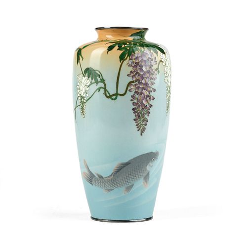 Ando Japanese Fish & Wisteria Cloisonne Vase - Marked