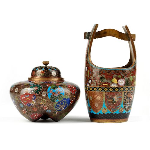 Japanese Cloisonne Goldstone Covered Jar & Vase