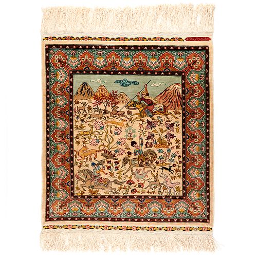 Persian Hand Woven Hunting Scene Silk Rug