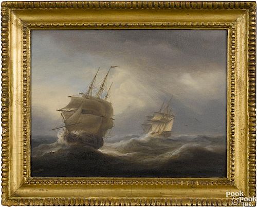 Thomas Luny (British 1759-1837), oil on board seascape, signed lower left, 9'' x 11 3/4''