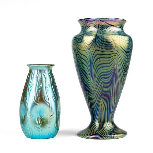 Grp: 2 Iridescent Favrile Style Art Glass Vases