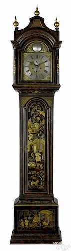 George III Japanned tall case clock, late 18th c., the eight-day works with a brass face