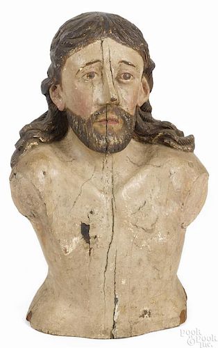 Continental carved and painted bust of Christ, 18th/19th c., likely German, 19 1/2'' h., 11 1/4'' w.