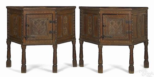 Pair of Jacobean style carved oak court cupboards, late 19th c., 40'' h., 44 3/4'' w.