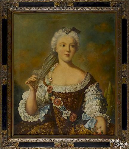 English oil on canvas portrait of a woman, ca. 1850, 30'' x 25''.