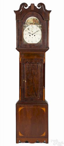 English mahogany tall case clock, early 19th c., the eight-day works with a brass face