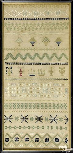 English silk on linen band sampler, 18th c., 22'' x 10''.
