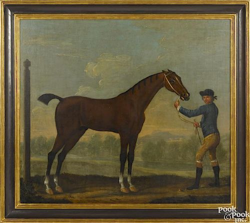 Manner of Thomas Spencer (British 1700-1763), oil on canvas portrait of a horse and jockey