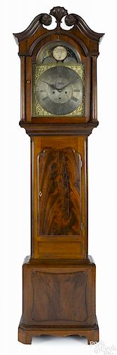 English mahogany tall case clock, ca. 1800, with an eight-day movement and a brass face