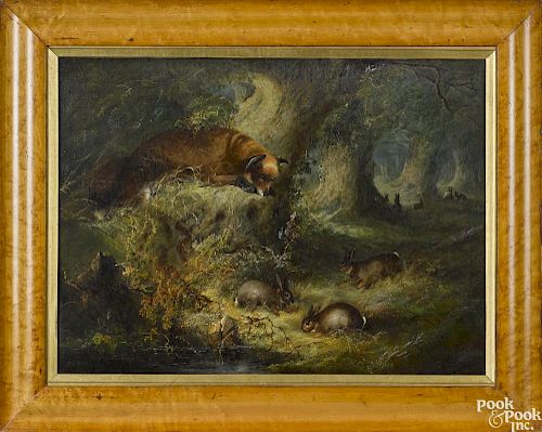 George Armfield (English 1808-1893), oil on canvas landscape with a fox peering over a rock