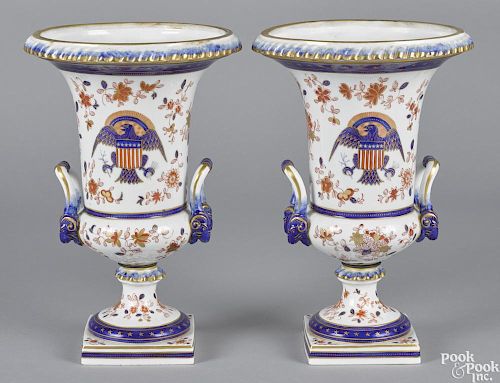 Pair of Samson porcelain urns, ca. 1900, with eagle decoration, 12 1/2'' h.