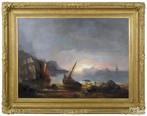 Continental oil on canvas coastal scene, 19th c., 31'' x 43''